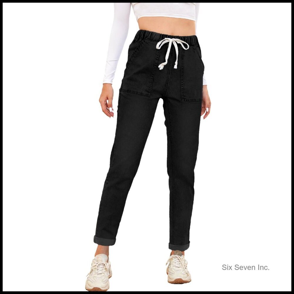 High Waisted Elastic Waist Pull-On Jeans Stretch Denim Joggers Casual Chic